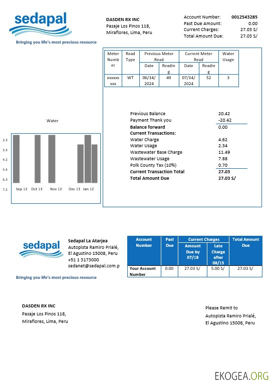 Modèle de facture de services publics d'eau du Pérou Sedapal La Atarjea aux formats Word et PDF